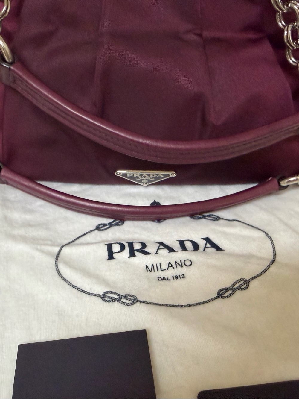Prada Two-Tone Plum Satin Shoulder Bag with Chain Handles - Picture 10 of 14